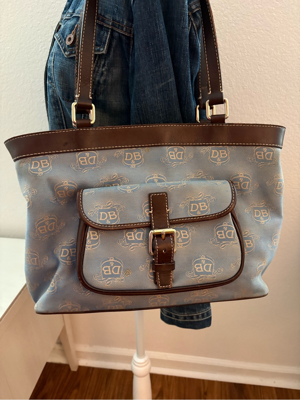Dooney & Bourke Light Blue Logo Pocket Shoulder Bag with Brown Trim